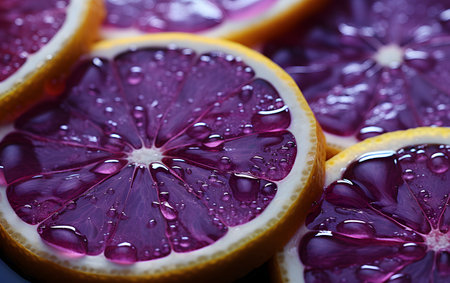 Slices of lemon and orange with water drops close-upの素材