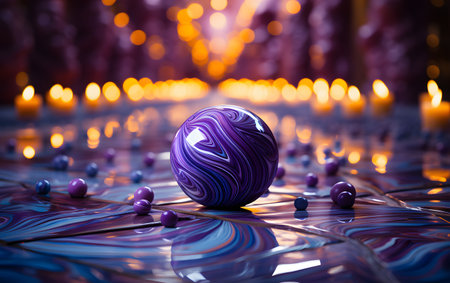 Candle light with blue and purple ball on the background of candles.の素材