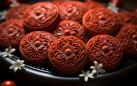Traditional Chinese moon cake for Mid-Autumn Festival, close upの素材
