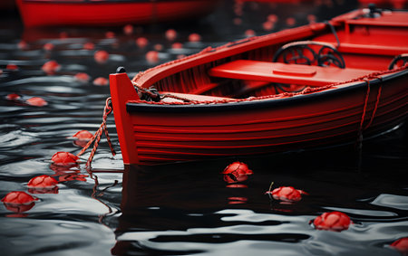Red plastic boat on the water with red rose petals. 3d renderingの素材