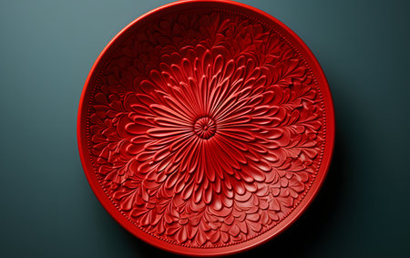 Red ceramic plate with floral pattern on black background. 3d renderingの素材