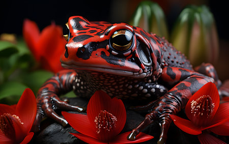 red poison dart frog on black background with red lotus flower.の素材