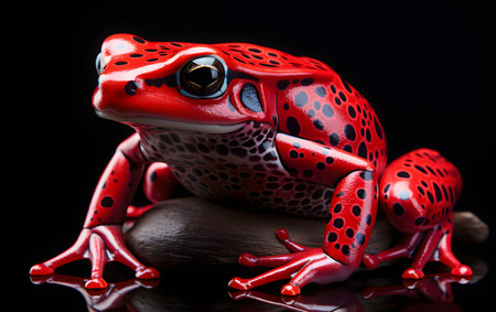 Red frog on a black background. Close up. Studio photography.の素材