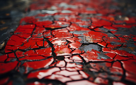 Close up of cracked red paint on the ground. Abstract background.の素材