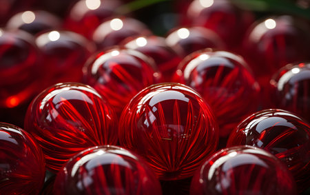 Red christmas baubles, close up shot with shallow depth of fieldの素材