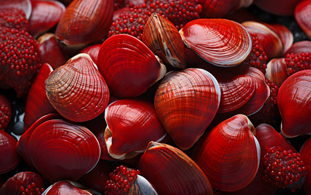Red seashells texture as a background. Close up.の素材