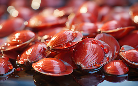 Close up of fresh red mussels with water drops. Shallow depth of fieldの素材
