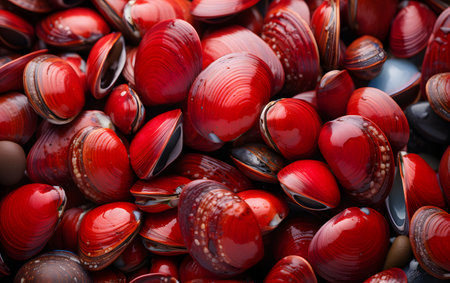 Close up of a pile of red seashells on the beachの素材