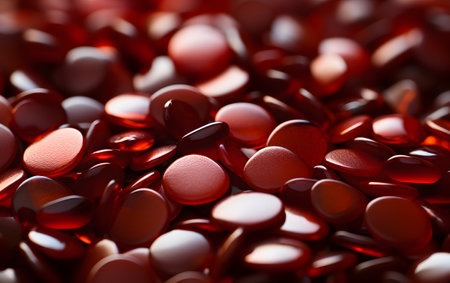 Close up of red and white pills. Focus on foreground, shallow depth of field.の素材
