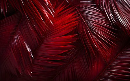 Tropical palm leaves background. Red palm leaf close up.の素材