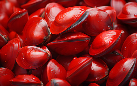 close up of mussels in red shell with water drops on white backgroundの素材