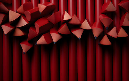 3d rendering of red colored pencils on a red curtain backgroundの素材