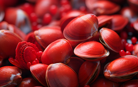 Close up of red mussels on display at a seafood market.の素材