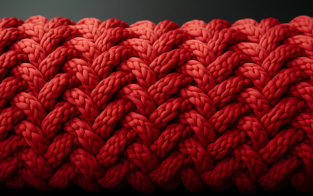 Red knitted wool yarn on a black background. Close-up.の素材