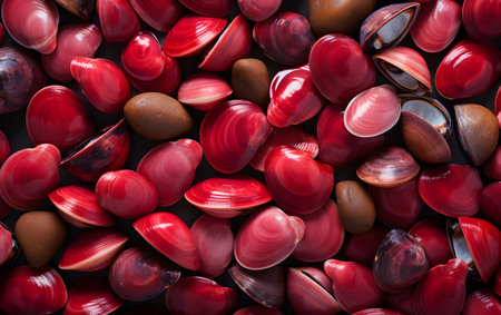 Red heart-shaped stones on a black background. Top view.の素材