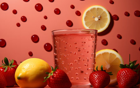 Glass of lemonade with strawberries and lemons on a red backgroundの素材