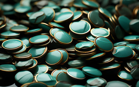 Close-up of a pile of turquoise heart-shaped coinsの素材