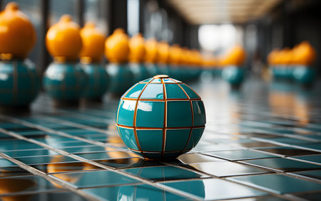 3d illustration of blue and orange glass sphere on tile floor backgroundの素材