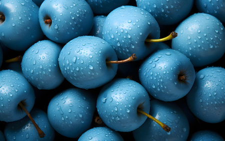Background of fresh ripe blue plums with water drops close-upの素材