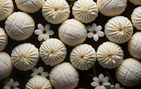 White meringues with flowers on a dark background, top viewの素材