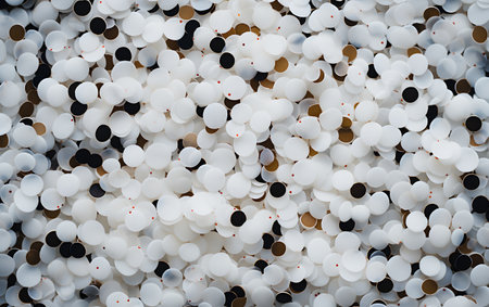 White plastic beads background, top view, close-up, copy spaceの素材