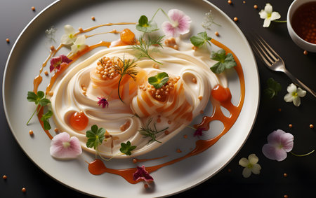 Creamy mayonnaise with caramel sauce on a black backgroundの素材