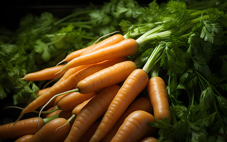 Bunch of fresh carrots with green leaves on black background, closeupの素材