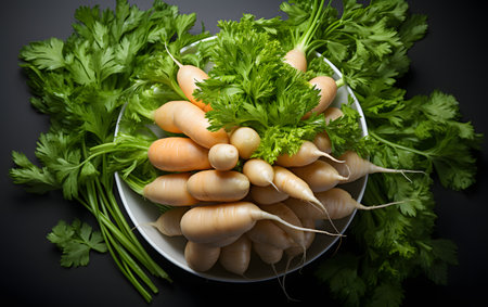 Bowl of fresh white radish and parsley on black backgroundの素材