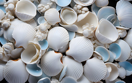 Seashells background. Top view of white and blue seashells.の素材