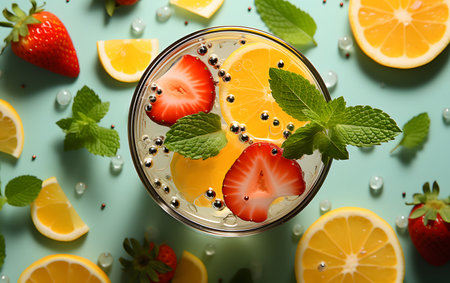 Glass of tasty lemonade with fruits on color background, top viewの素材