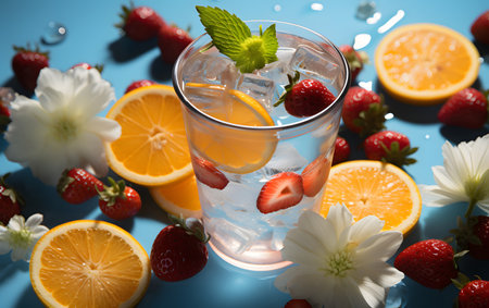 Glass of water with ice cubes, fruits and flowers on color backgroundの素材
