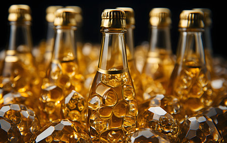 close-up shot of ice cubes in glass bottles on black backgroundの素材