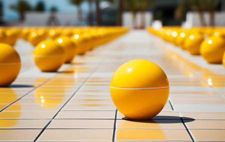 Yellow plastic balls on the tiled floor of the stadium. close upの素材