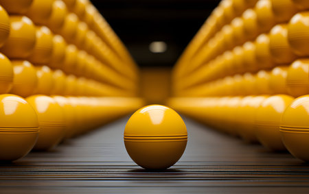 3d rendering of a row of yellow balls on a conveyor beltの素材