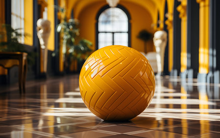 3d rendering of a fitness ball in front of a yellow hallの素材