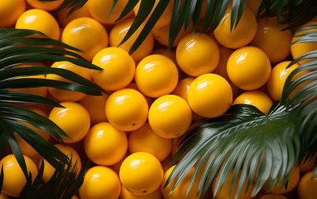 Pile of yellow ripe oranges with green palm leaves as background, top viewの素材
