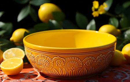 Photo for Lemons and lemons in a ceramic bowl on a red tablecloth - Royalty Free Image