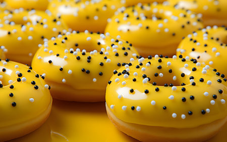 Yellow donuts with sprinkles on a yellow background. Close up.の素材