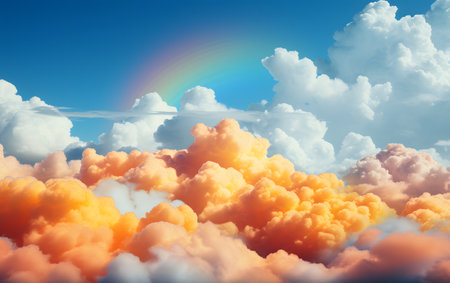 Beautiful cloudscape with rainbow. Nature background. 3d illustrationの素材