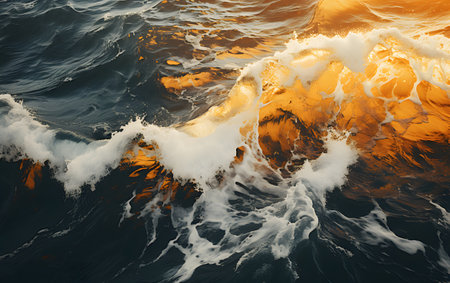 Sea wave with foam on the surface. Sea waves at sunset.の素材