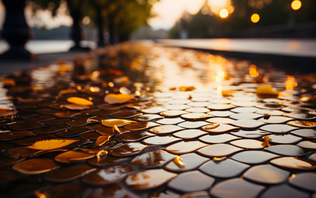 Autumn leaves on the wet pavement in the park at sunset.の素材