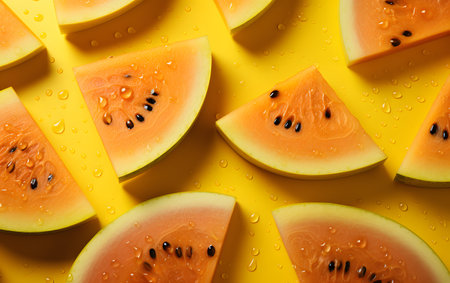 Slices of ripe watermelon on yellow background, top viewの素材