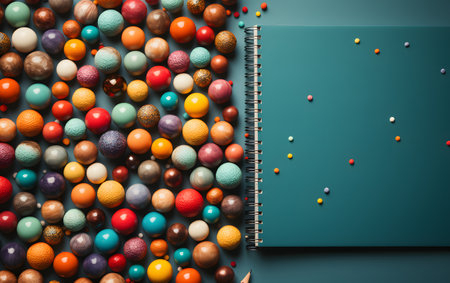 Colorful candies and notepad on blue background, top viewの素材