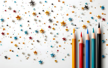 Colored pencils with stars on white background. Vector illustration.の素材