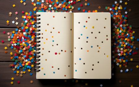 Colorful confetti and notebook on brown wooden table, top viewの素材