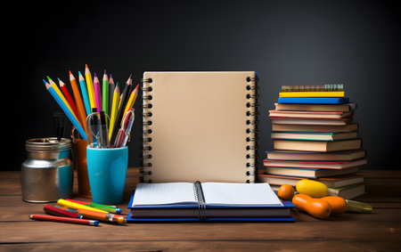School supplies on a wooden table. Back to school. Copy-space.の素材