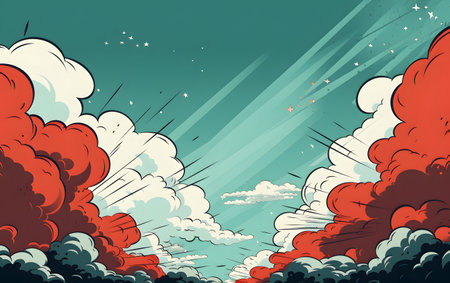 Vector illustration of a comic book explosion background with clouds and rays.の素材