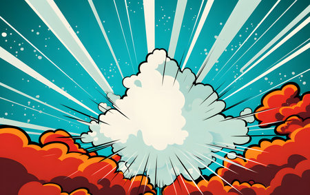 Vector illustrated comic book background with colorful explosion, clouds and rays.の素材