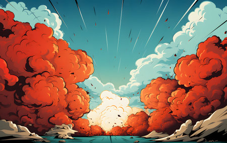 Cartoon illustration of a huge explosion in the sky with clouds.の素材
