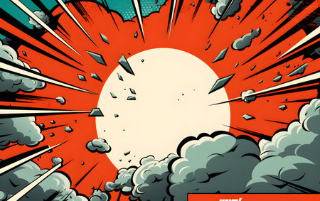 Vector illustrated comic book background with sun and clouds in retro style.の素材